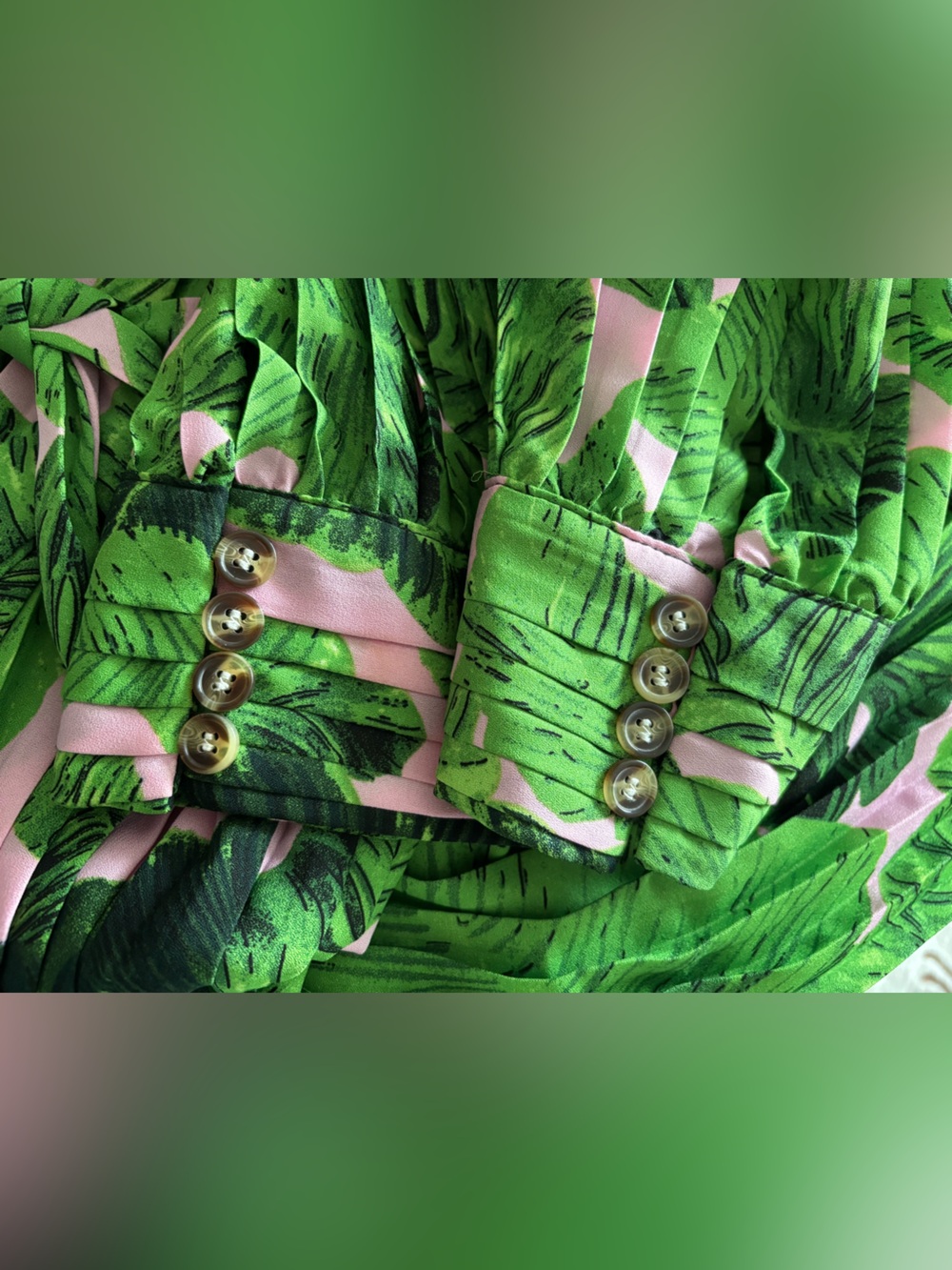 Beulah Tropical Green & Pink Leaf Print Pleated Maxi Dress - Picture 6 of 11